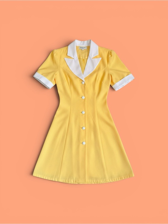 Dresses & Skirts - Vintage Yellow Button-Front Women’s Dress with White Collar